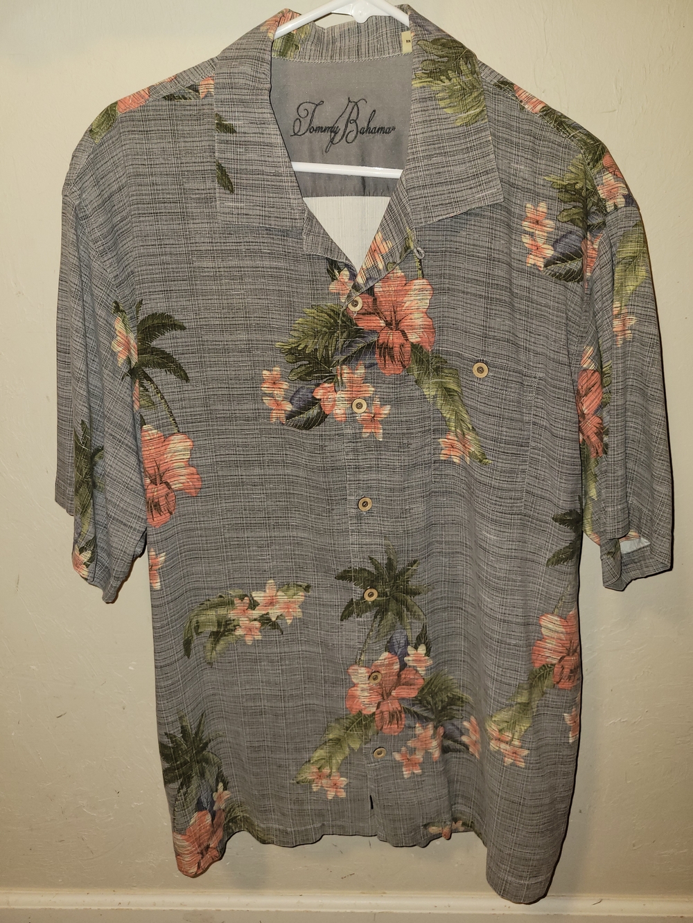 Tommy Bahama Gray Camp Shirt with Coral Floral Print